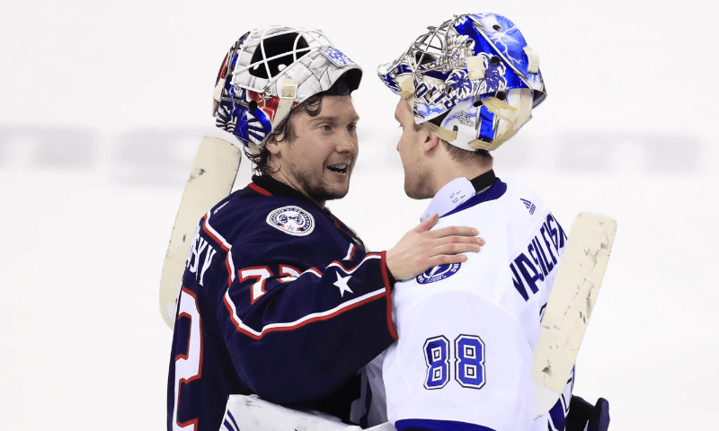 Sergei Bobrovsky of the Columbus Blue Jackets and Andrei Vasilevskiy of the Tampa Bay Lightning